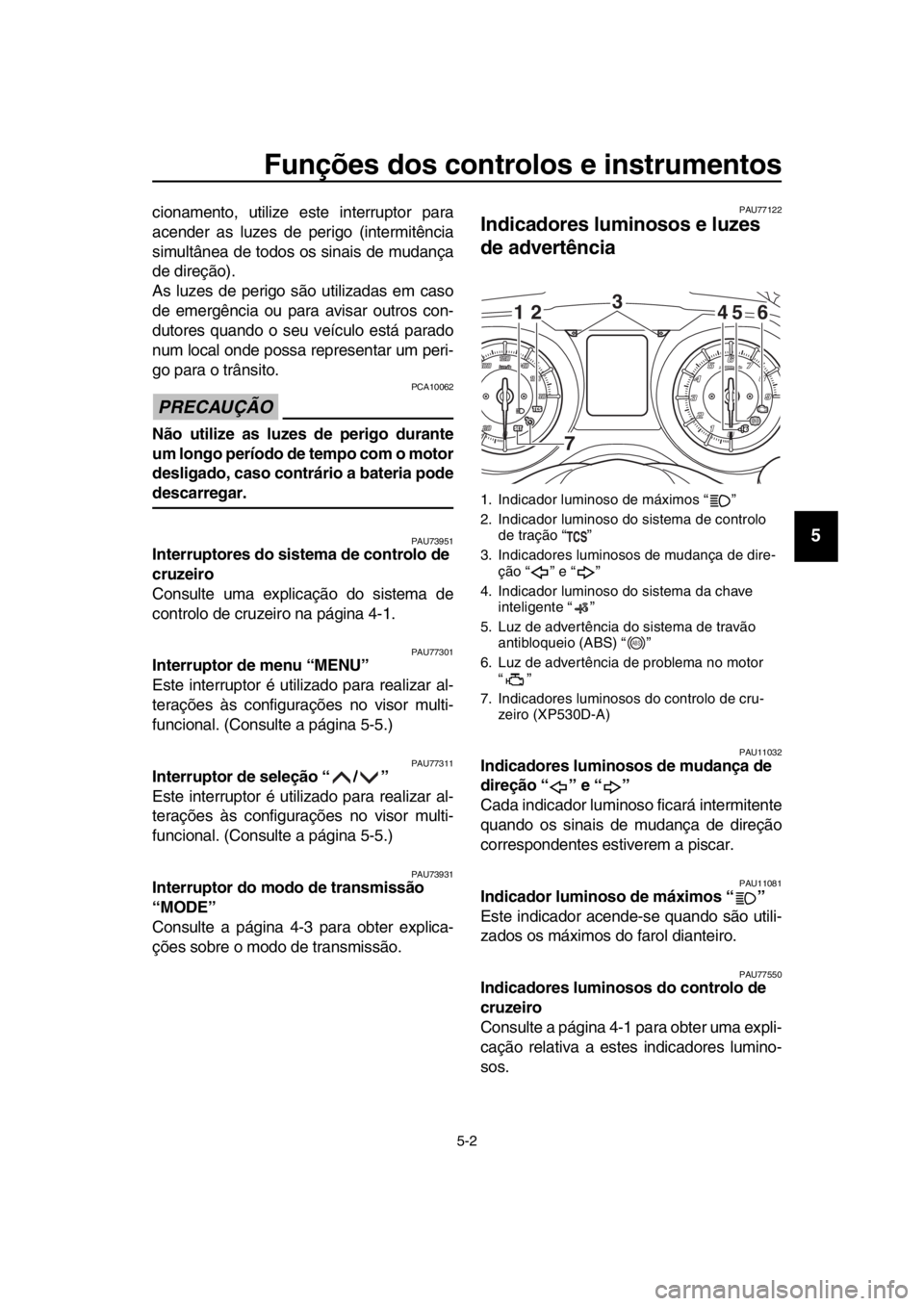 YAMAHA TMAX 2018  Manual de utilização (in Portuguese) Funções dos controlos e instrumentos
5-2
1
2
3
4
5
6
7
8
9
10
11
12
13
14
cionamento, utilize este interruptor para
acender as luzes de  perigo (intermitência
simultânea de todos os sinais de muda