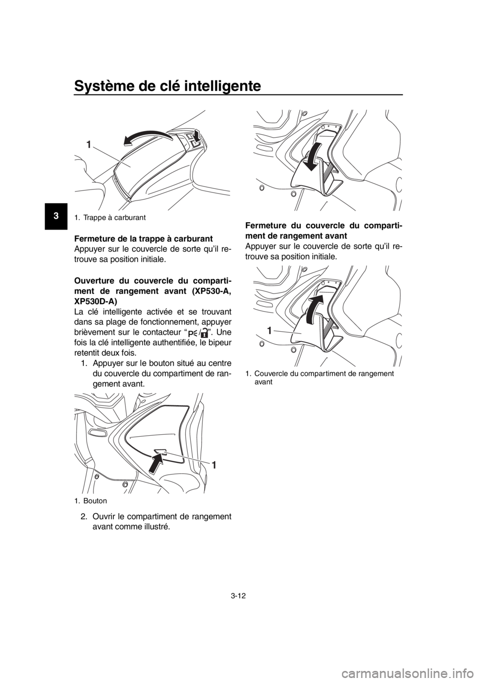 YAMAHA TMAX 2017  Notices Demploi (in French) Système de clé intelligente
3-12
1
2
3
4
5
6
7
8
9
10
11
12
13
14
Fermeture de la trappe à carburant
App uyer  sur le co uvercle de  sorte  qu’il re-
tro uve sa  position initi ale.
Ouverture du 