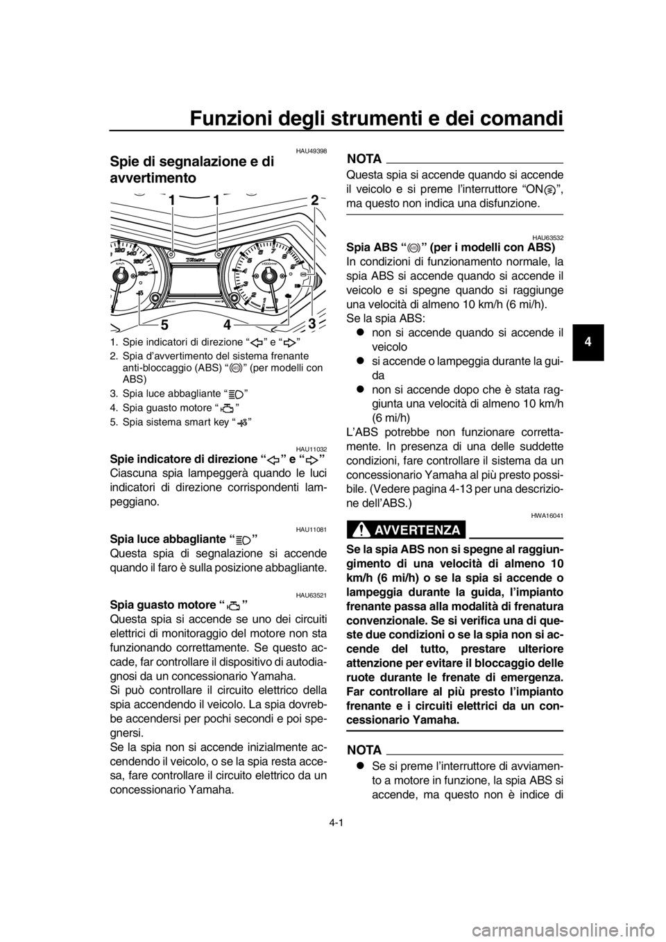 YAMAHA TMAX 2016  Manuale duso (in Italian) 4-1
1
2
3
4
5
6
7
8
9
10
11
12
13
14
Funzioni degli strumenti e dei comandi
HAU49398
Spie di segnalazione e di 
avvertimento
HAU11032Spie indicatore di direzione “ ” e “ ”
Ciascuna spia lampeg