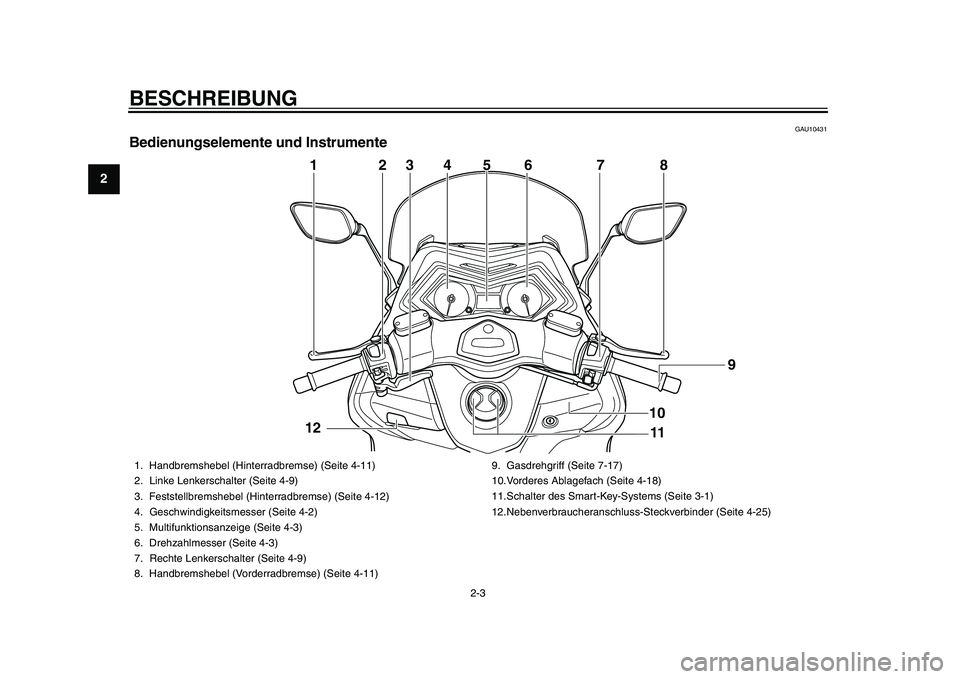 YAMAHA TMAX 2015  Betriebsanleitungen (in German) BESCHREIBUNG
2- 3
12
3
4
5
6
7
8
9
10
11
12
GAU104 31
Bedienungselemente und Instrumente
4
2
3
6
7
8
1
11 9
5
10
12
1. H
andbrem shebel (Hinterr adbremse) ( Seite 4-11)
2. Linke Lenker sch alter ( Sei