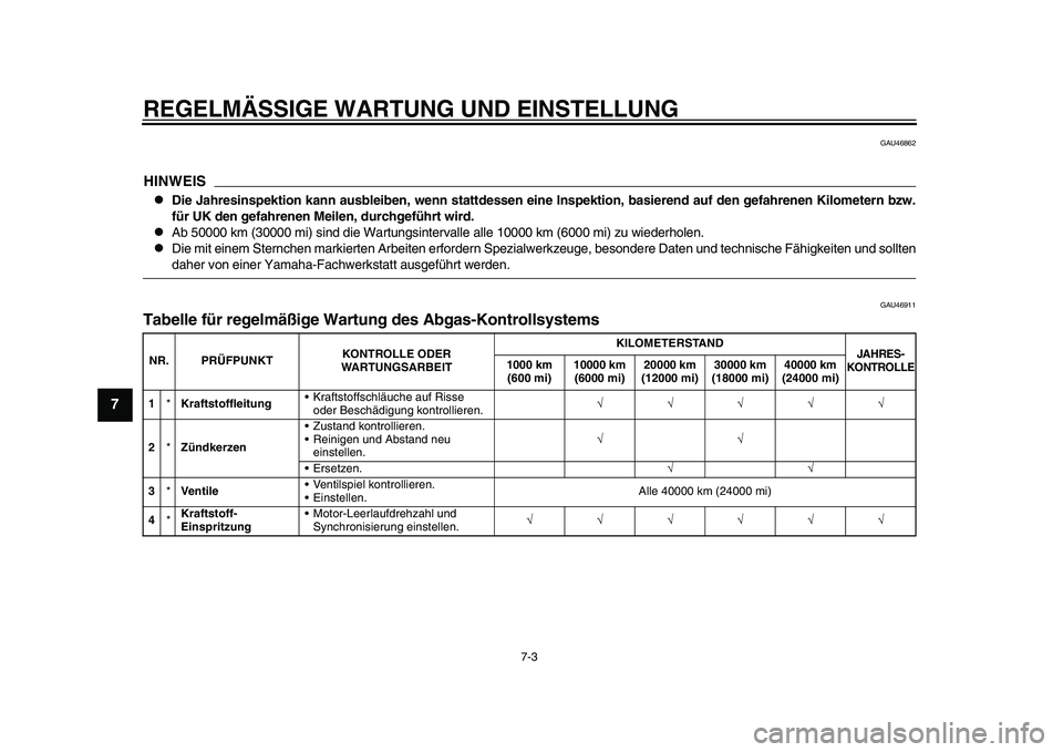 YAMAHA TMAX 2015 Betriebsanleitungen (in German) REGELMÄSSIGE WARTUNG UND EINS TELLUNG
7-3
1
2
3
4
5
67
8
9
10
11
12
GAU46 862
HINWEIS
Die Jahresinspektion kann ausbleiben, wenn stattdessen eine Inspektion, basierend auf den gefahrenen Kilomete YAMAHA TMAX 2015 Betriebsanleitungen (in German) REGELMÄSSIGE WARTUNG UND EINS TELLUNG
7-3
1
2
3
4
5
67
8
9
10
11
12
GAU46 862
HINWEIS
Die Jahresinspektion kann ausbleiben, wenn stattdessen eine Inspektion, basierend auf den gefahrenen Kilomete