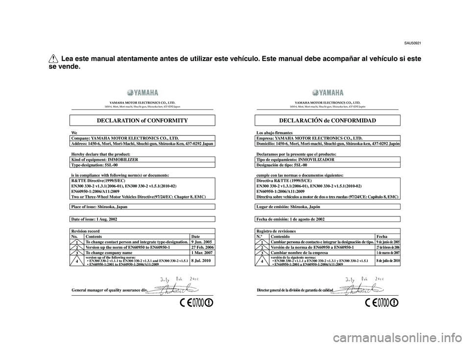 YAMAHA TMAX 2015  Manuale de Empleo (in Spanish) Q Lea este manual atentamente antes de utilizar este vehículo\f Este manual debe acompañar al vehículo si este 
se vende\f
SAU50921
General manager of\d quality assurance\d di\f.
Date of issue: \b 