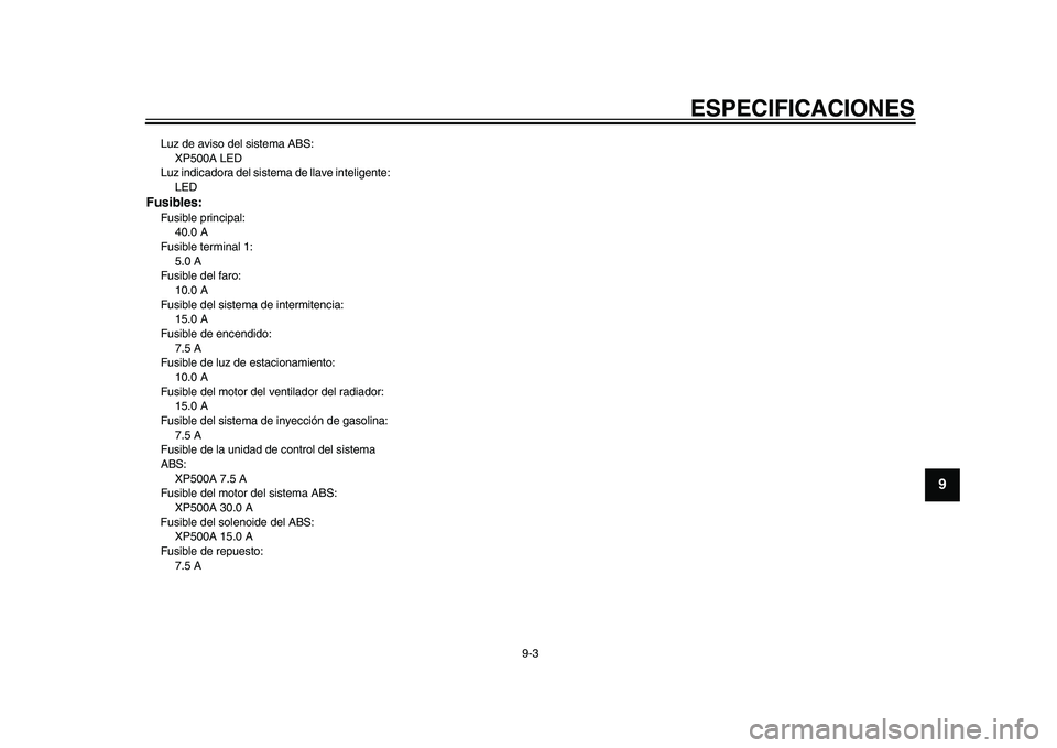 YAMAHA TMAX 2015  Manuale de Empleo (in Spanish) ESPECIFICACIONES
9-3
1
2
3
4
5
6
7
8910
11
12
Luz de a viso del  sis tem a AB S:
XP500A LED
L uz indica dora del s is tem a de ll ave inteligente:
LEDFusibles:F us ib le principa l:
40.0 A
F us ib le 