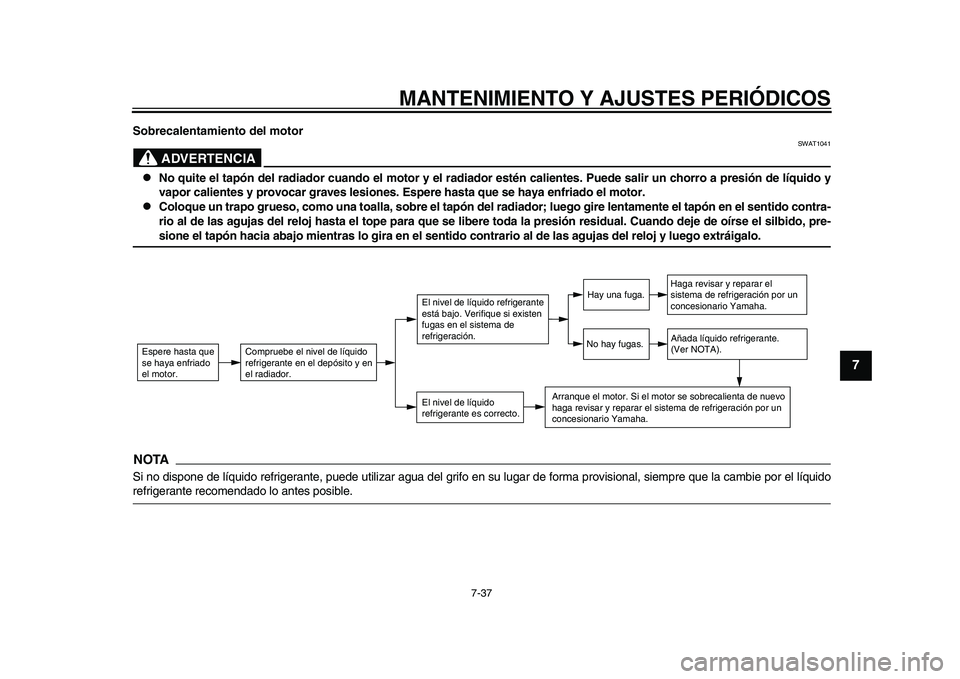 YAMAHA TMAX 2015 Manuale de Empleo (in Spanish) MANTENIMIENTO Y AJUSTES PERIÓDICOS
7-37
1
2
3
4
5
678
9
10
11
12
Sobrecalentamien to del motor
ADVERTENCIA
SWAT1041
No quite el tapón del radiador cuando el motor y el radiador estén calientes YAMAHA TMAX 2015 Manuale de Empleo (in Spanish) MANTENIMIENTO Y AJUSTES PERIÓDICOS
7-37
1
2
3
4
5
678
9
10
11
12
Sobrecalentamien to del motor
ADVERTENCIA
SWAT1041
No quite el tapón del radiador cuando el motor y el radiador estén calientes