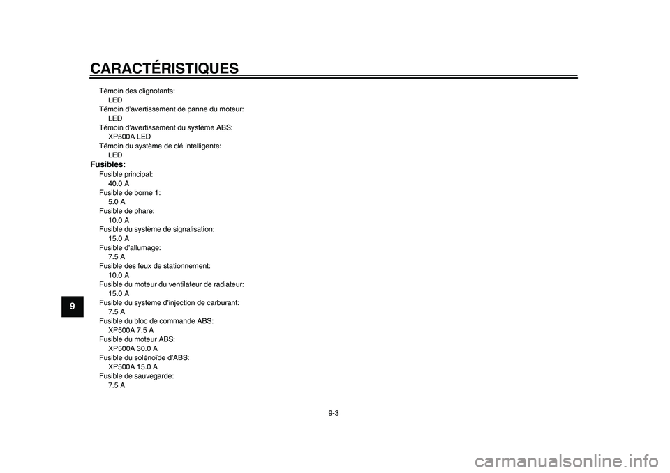 YAMAHA TMAX 2015  Notices Demploi (in French) CARACTÉRISTIQUES
9-3
1
2
3
4
5
6
7
89
10
11
12
Témoin de s clignota nts:
LED
Témoin d’a vertissement de p anne du  moteur:
LED
Témoin d’a vertissement d u s y stème AB S:
XP500A LED
Témoin d