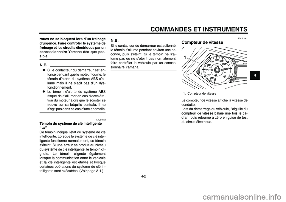 YAMAHA TMAX 2015  Notices Demploi (in French) COMMANDES ET INSTRUMENTS
4-2
1
2
345
6
7
8
9
10
11
12
roues ne se bloquent lors d’un freinage
d’urgence. Faire cont rôler le système de
freinage et les circuits électriques par un
concessionnai