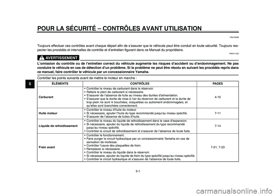 YAMAHA TMAX 2015  Notices Demploi (in French) 5-1
1
2
3
45
6
7
8
9
10
11
12
POUR LA SÉCURITÉ – CONTRÔLES AVANT UTILISATION
FAU155 98
Toujo urs  effect uer ce s contrôle s a va nt ch aque dép art  afin de  s’assu rer que le véhic ule peu
