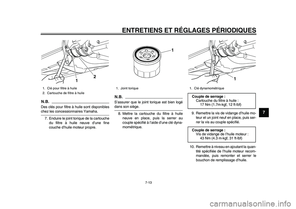 YAMAHA TMAX 2015  Notices Demploi (in French) ENTRETIENS ET RÉGLAGES PÉRIODIQUES
7-13
1
2
3
4
5
678
9
10
11
12
N.B.De s clé s pou r filtre à h uile  sont di sponi ble schez les  concessionn aire s Y am aha.
7. End uire le joint tori que de la