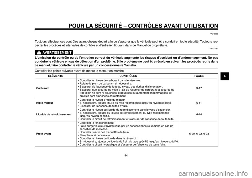 YAMAHA TMAX 2014  Notices Demploi (in French) 4-1
2
345
6
7
8
9
POUR LA SÉCURITÉ – CONTRÔLES AVANT UTILISATION
FAU15598
Toujours effectuer ces contrôles avant chaque départ afin de s’assurer que le véhicule peut être conduit en toute s