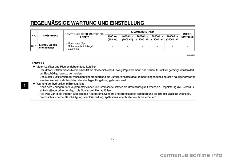 YAMAHA TMAX 2012 Betriebsanleitungen (in German) REGELMÄSSIGE WARTUNG UND EINSTELLUNG
6-7
1
2
3
4
56
7
8
9
GAU38262
HINWEIS
Motor-Luftfilter und Riementriebgehäuse-Luftfilter
Der Motor-Luftfilter dieses Modells besitzt ein ölbeschichtetes Ein YAMAHA TMAX 2012 Betriebsanleitungen (in German) REGELMÄSSIGE WARTUNG UND EINSTELLUNG
6-7
1
2
3
4
56
7
8
9
GAU38262
HINWEIS
Motor-Luftfilter und Riementriebgehäuse-Luftfilter
Der Motor-Luftfilter dieses Modells besitzt ein ölbeschichtetes Ein