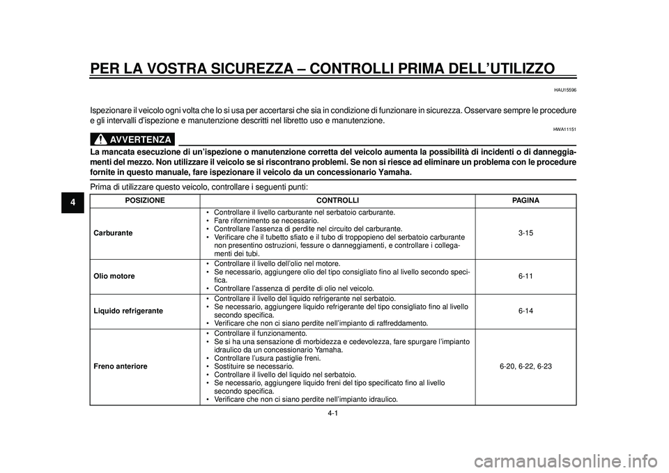 YAMAHA TMAX 2012 Manuale duso (in Italian) 4-1
1
2
34
5
6
7
8
9
PER LA VOSTRA SICUREZZA – CONTROLLI PRIMA DELL’UTILIZZO
HAU15596
Ispezionare il veicolo ogni volta che lo si usa per accertarsi che sia in condizione di funzionare in sicure YAMAHA TMAX 2012 Manuale duso (in Italian) 4-1
1
2
34
5
6
7
8
9
PER LA VOSTRA SICUREZZA – CONTROLLI PRIMA DELL’UTILIZZO
HAU15596
Ispezionare il veicolo ogni volta che lo si usa per accertarsi che sia in condizione di funzionare in sicure