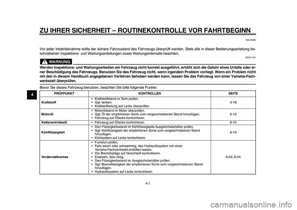 YAMAHA TMAX 2011  Betriebsanleitungen (in German)  
4-1 
1
2
3
4
5
6
7
8
9
 
ZU IHRER SICHERHEIT – ROUTINEKONTROLLE VOR FAHRTBEGINN 
GAU15596 
Vor jeder Inbetriebnahme sollte der sichere Fahrzustand des Fahrzeugs überprüft werden. Stets alle in d
