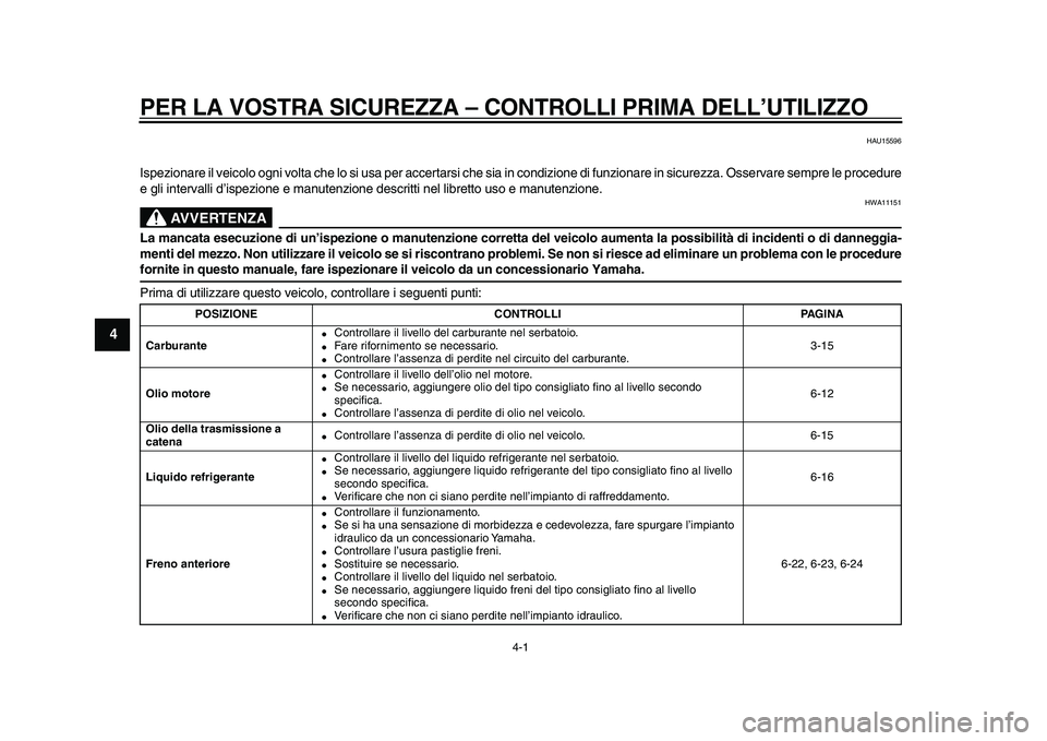 YAMAHA TMAX 2010 Manuale duso (in Italian)
4-1
1
2
3
4
5
6
7
8
9
PER LA VOSTRA SICUREZZA – CONTROLLI PRIMA DELL’UTILIZZO
HAU15596
Ispezionare il veicolo ogni volta che lo si usa per accertarsi che sia in condizione di funzionare in YAMAHA TMAX 2010 Manuale duso (in Italian)
4-1
1
2
3
4
5
6
7
8
9
PER LA VOSTRA SICUREZZA – CONTROLLI PRIMA DELL’UTILIZZO
HAU15596
Ispezionare il veicolo ogni volta che lo si usa per accertarsi che sia in condizione di funzionare in