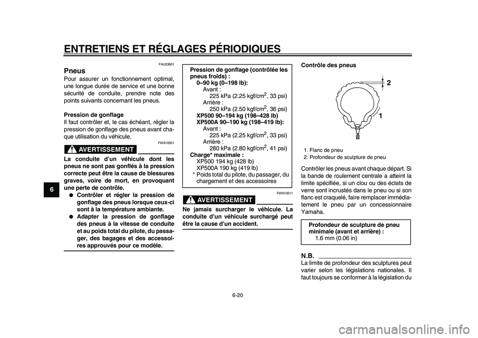 YAMAHA TMAX 2009 Notices Demploi (in French)
ENTRETIENS ET RÉGLAGES PÉRIODIQUES
6-20
1
2
3
4
5
6
7
8
9
FAU33601
Pneus
Pour assurer un fonctionnement optimal,
une longue durée de service et une bonne
sécurité de conduite, prendre no YAMAHA TMAX 2009 Notices Demploi (in French)
ENTRETIENS ET RÉGLAGES PÉRIODIQUES
6-20
1
2
3
4
5
6
7
8
9
FAU33601
Pneus
Pour assurer un fonctionnement optimal,
une longue durée de service et une bonne
sécurité de conduite, prendre no