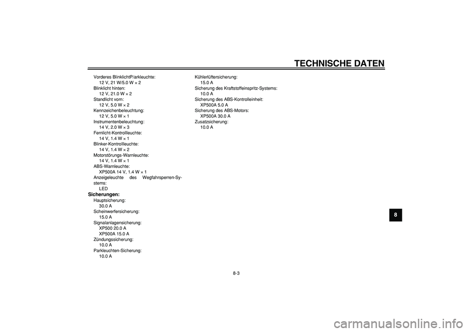 YAMAHA TMAX 2007  Betriebsanleitungen (in German)  
TECHNISCHE DATEN 
8-3 
2
3
4
5
6
7
89
 
Vorderes BlinklichtP/arkleuchte: 
12 V, 21 W/5.0 W  
× 
 2
Blinklicht hinten: 
12 V, 21.0 W  
× 
 2
Standlicht vorn: 
12 V, 5.0 W  
× 
 2
Kennzeichenbeleuc