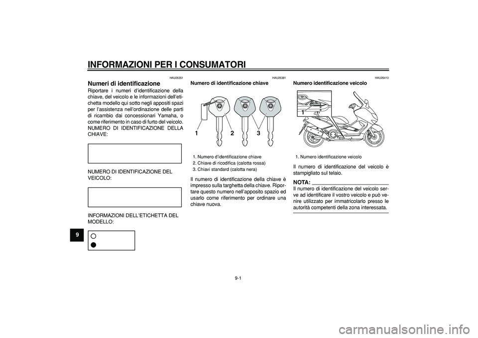 YAMAHA TMAX 2007 Manuale duso (in Italian)
9-1
1
2
3
4
5
6
7
8
9
INFORMAZIONI PER I CONSUMATORI
HAU26351
Numeri di identificazione
Riportare i numeri d’identificazione della
chiave, del veicolo e le informazioni dell’eti-
chetta YAMAHA TMAX 2007 Manuale duso (in Italian)
9-1
1
2
3
4
5
6
7
8
9
INFORMAZIONI PER I CONSUMATORI
HAU26351
Numeri di identificazione
Riportare i numeri d’identificazione della
chiave, del veicolo e le informazioni dell’eti-
chetta