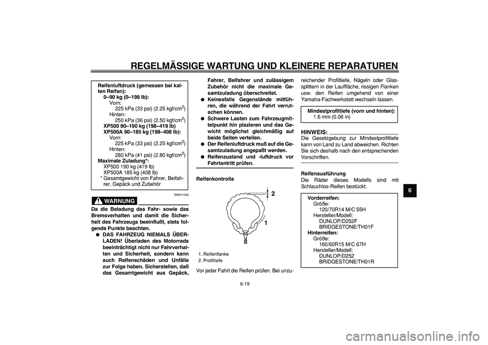 YAMAHA TMAX 2006 Betriebsanleitungen (in German)
REGELMÄSSIGE WARTUNG UND KLEINERE REPARATUREN
6-19
2
3
4
5
67
8
9
WARNUNG
GWA11200
Da die Beladung das Fahr- sowie das
Bremsverhalten und damit die Sicher-
heit des Fahrzeugs beeinflußt, stet YAMAHA TMAX 2006 Betriebsanleitungen (in German)
REGELMÄSSIGE WARTUNG UND KLEINERE REPARATUREN
6-19
2
3
4
5
67
8
9
WARNUNG
GWA11200
Da die Beladung das Fahr- sowie das
Bremsverhalten und damit die Sicher-
heit des Fahrzeugs beeinflußt, stet