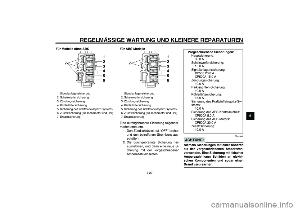 YAMAHA TMAX 2006 Betriebsanleitungen (in German)
REGELMÄSSIGE WARTUNG UND KLEINERE REPARATUREN
6-29
2
3
4
5
67
8
9
Für Modelle ohne ABS Für ABS-Modelle
Eine durchgebrannte Sicherung folgender-
maßen erneuern.
1. Den Zündschlüssel auf YAMAHA TMAX 2006 Betriebsanleitungen (in German)
REGELMÄSSIGE WARTUNG UND KLEINERE REPARATUREN
6-29
2
3
4
5
67
8
9
Für Modelle ohne ABS Für ABS-Modelle
Eine durchgebrannte Sicherung folgender-
maßen erneuern.
1. Den Zündschlüssel auf
