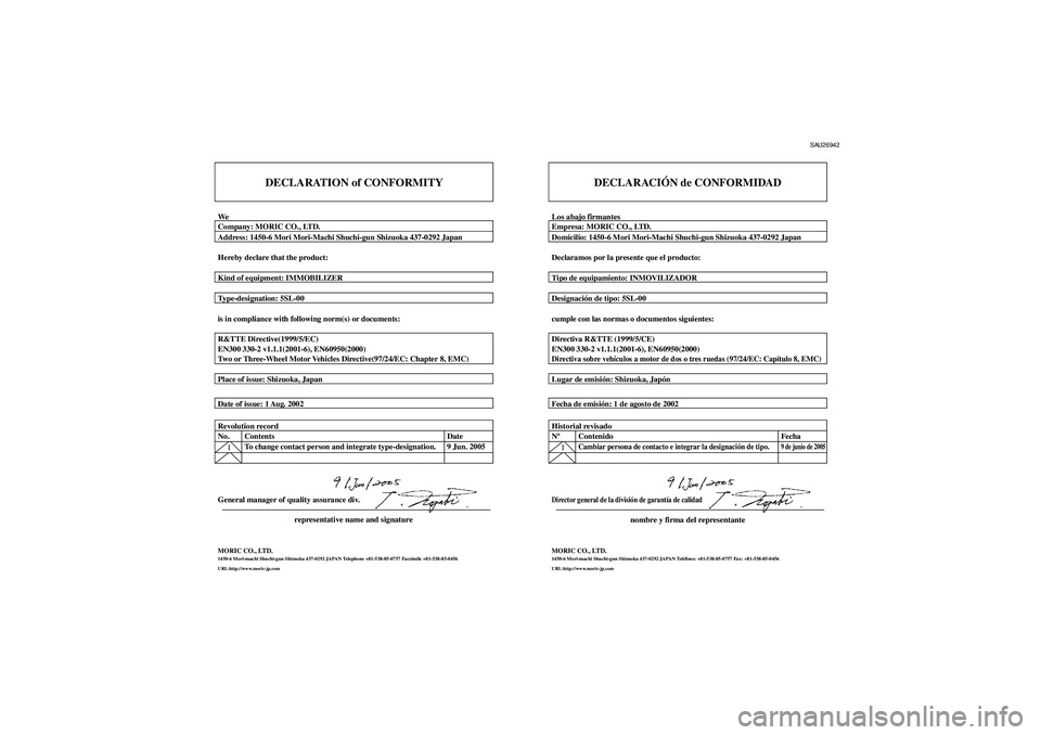 YAMAHA TMAX 2006 Manuale de Empleo (in Spanish) DECLARATION of CONFORMITY
WeCompany: MORIC CO., LTD.
Address: 1450-6 Mori Mori-Machi Shuchi-gun Shizuoka 437-0292 Japan
Hereby declare that the product:
Kind of equipment: IMMOBILIZER
Type-designation YAMAHA TMAX 2006 Manuale de Empleo (in Spanish) DECLARATION of CONFORMITY
WeCompany: MORIC CO., LTD.
Address: 1450-6 Mori Mori-Machi Shuchi-gun Shizuoka 437-0292 Japan
Hereby declare that the product:
Kind of equipment: IMMOBILIZER
Type-designation