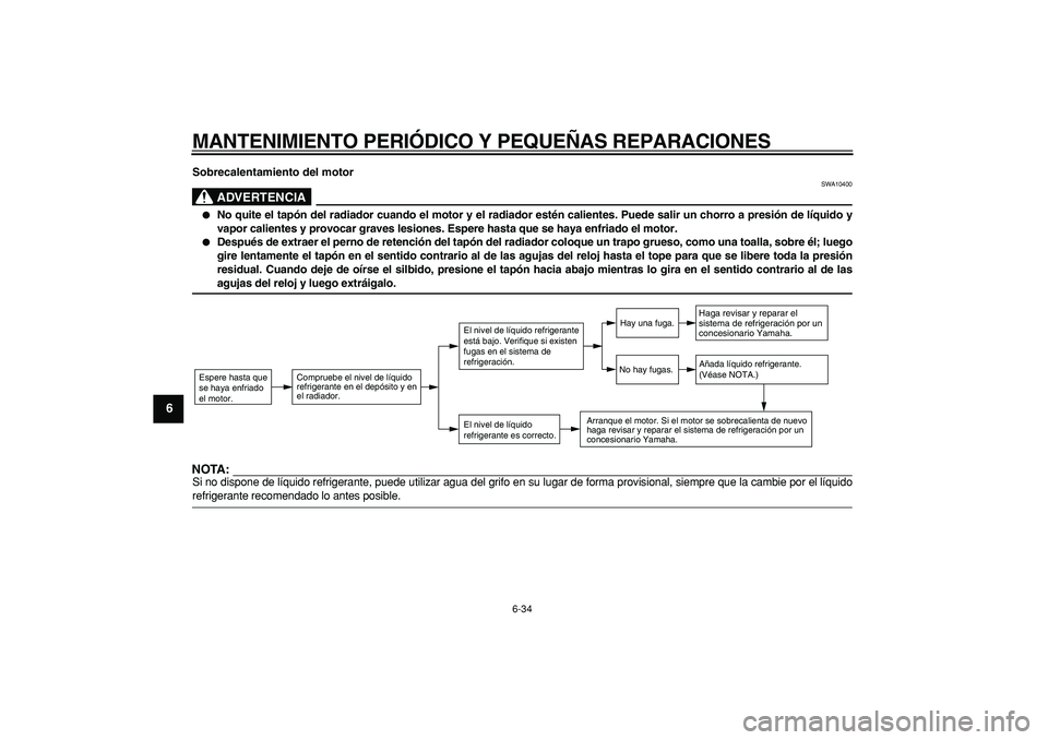 YAMAHA TMAX 2006 Manuale de Empleo (in Spanish)
MANTENIMIENTO PERI ÓDICO Y PEQUE ÑAS REPARACIONES
6-34
1
2
3
4
5
6
7
8
9
Sobrecalentamiento del motor
ADVERTENCIA
SWA10400
No quite el tap ón del radiador cuando el motor y el radiador YAMAHA TMAX 2006 Manuale de Empleo (in Spanish)
MANTENIMIENTO PERI ÓDICO Y PEQUE ÑAS REPARACIONES
6-34
1
2
3
4
5
6
7
8
9
Sobrecalentamiento del motor
ADVERTENCIA
SWA10400
No quite el tap ón del radiador cuando el motor y el radiador
