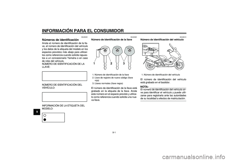 YAMAHA TMAX 2006 Manuale de Empleo (in Spanish)
9-1
1
2
3
4
5
6
7
8
9
INFORMACIÓN PARA EL CONSUMIDOR
SAU26351
Números de identificación
Anote el número de identificación de la lla-
ve, el número de identificación del vehículo
y los YAMAHA TMAX 2006 Manuale de Empleo (in Spanish)
9-1
1
2
3
4
5
6
7
8
9
INFORMACIÓN PARA EL CONSUMIDOR
SAU26351
Números de identificación
Anote el número de identificación de la lla-
ve, el número de identificación del vehículo
y los