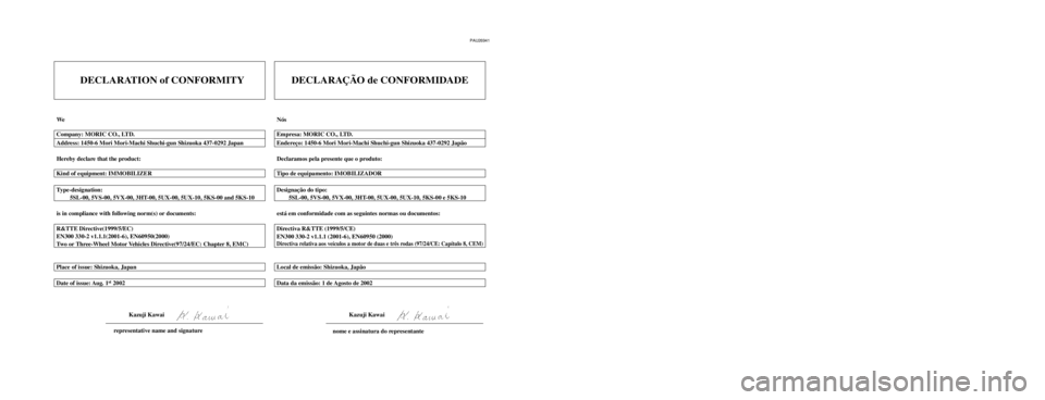 YAMAHA TMAX 2004 Manual de utilização (in Portuguese) PAU26941
DECLARATION of CONFORMITY
We
Hereby declare that the product:
is in compliance with following norm(s) or documents: Type-designation:
5SL-00, 5VS-00, 5VX-00, 3HT-00, 5UX-00, 5UX-10, YAMAHA TMAX 2004 Manual de utilização (in Portuguese) PAU26941
DECLARATION of CONFORMITY
We
Hereby declare that the product:
is in compliance with following norm(s) or documents: Type-designation:
5SL-00, 5VS-00, 5VX-00, 3HT-00, 5UX-00, 5UX-10,