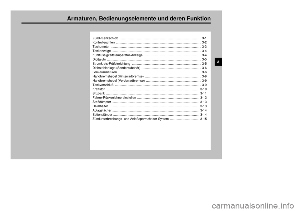 YAMAHA TMAX 2002  Betriebsanleitungen (in German) Armaturen, Bedienungselemente und deren Funktion
Zünd-/Lenkschloß ............................................................................................ 3-1
Kontrolleuchten ...................