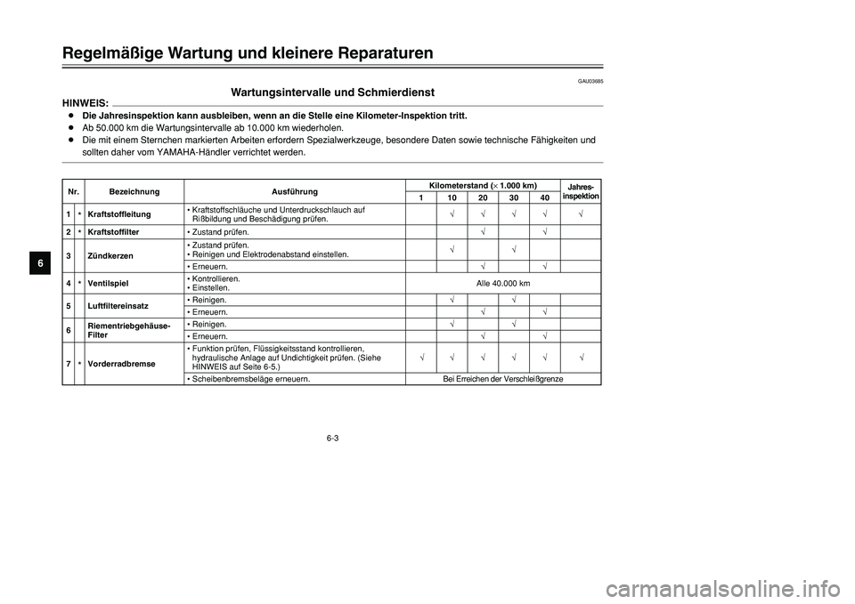 YAMAHA TMAX 2001 Betriebsanleitungen (in German) 6-3
Regelmäßige Wartung und kleinere Reparaturen
1
2
3
4
56
7
8
9
GAU03685
Wartungsintervalle und Schmierdienst
HINWEIS:8Die Jahresinspektion kann ausbleiben, wenn an die Stelle eine Kilometer-Inspe YAMAHA TMAX 2001 Betriebsanleitungen (in German) 6-3
Regelmäßige Wartung und kleinere Reparaturen
1
2
3
4
56
7
8
9
GAU03685
Wartungsintervalle und Schmierdienst
HINWEIS:8Die Jahresinspektion kann ausbleiben, wenn an die Stelle eine Kilometer-Inspe