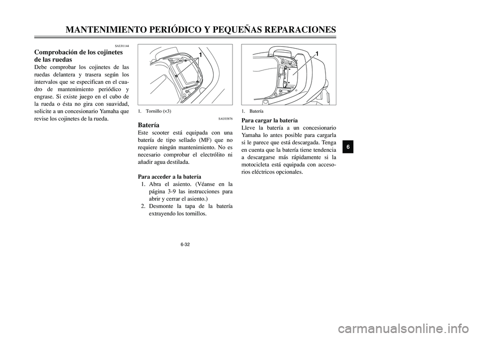 YAMAHA TMAX 2001 Manuale de Empleo (in Spanish) 6-32
MANTENIMIENTO PERIÓDICO Y PEQUEÑAS REPARACIONES
1
2
3
4
56
7
8
9
SAU01144
Comprobación de los cojinetes
de las ruedasDebe comprobar los cojinetes de las
ruedas delantera y trasera según los
i YAMAHA TMAX 2001 Manuale de Empleo (in Spanish) 6-32
MANTENIMIENTO PERIÓDICO Y PEQUEÑAS REPARACIONES
1
2
3
4
56
7
8
9
SAU01144
Comprobación de los cojinetes
de las ruedasDebe comprobar los cojinetes de las
ruedas delantera y trasera según los
i