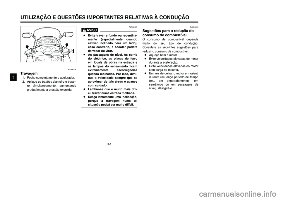 YAMAHA TMAX 2001  Manual de utilização (in Portuguese) 5-3
PW000057
H8Evite travar a fundo ou repentina-
mente (especialmente quando
estiver inclinado para um lado),
caso contrário, a scooter poderá
derrapar ou virar.
8As passagens de nível, os carris
