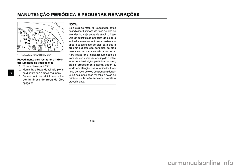 YAMAHA TMAX 2001  Manual de utilização (in Portuguese) 6-15
1
Procedimento para restaurar o indica-
dor luminoso de troca de óleo
1. Rode a chave para “ON”.
2. Mantenha o botão de reinício premi-
do durante dois a cinco segundos.
3. Solte o botão 