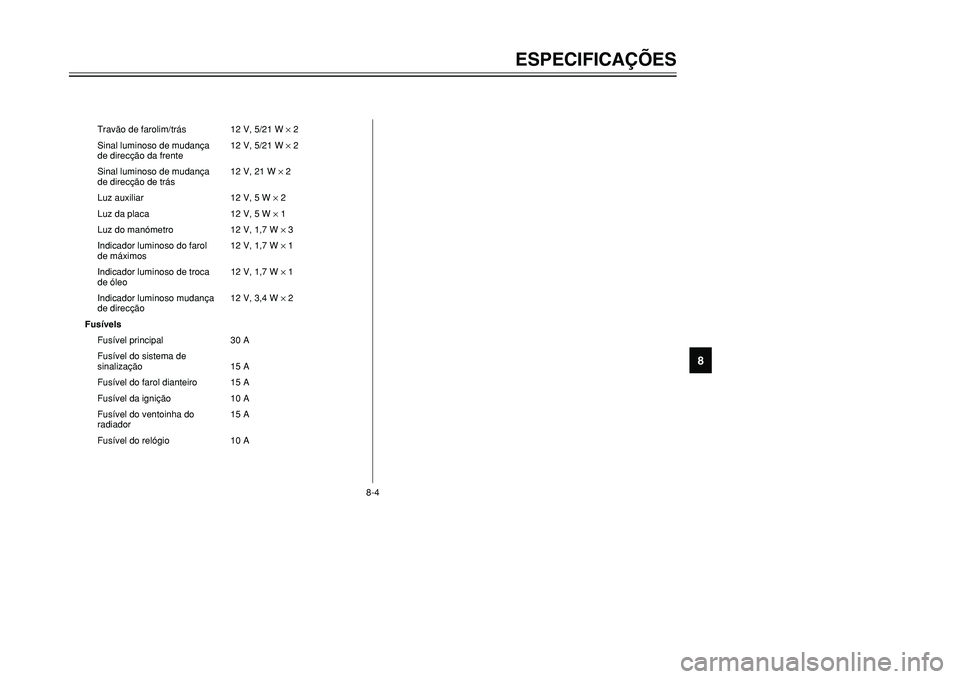 YAMAHA TMAX 2001  Manual de utilização (in Portuguese) 8-4
ESPECIFICAÇÕES
1
2
3
4
5
6
78
9
Travão de farolim/trás 12 V, 5/21 W ×2
Sinal luminoso de mudança 12 V, 5/21 W ×2
de direcção da frente
Sinal luminoso de mudança 12 V, 21 W ×2
de direcç