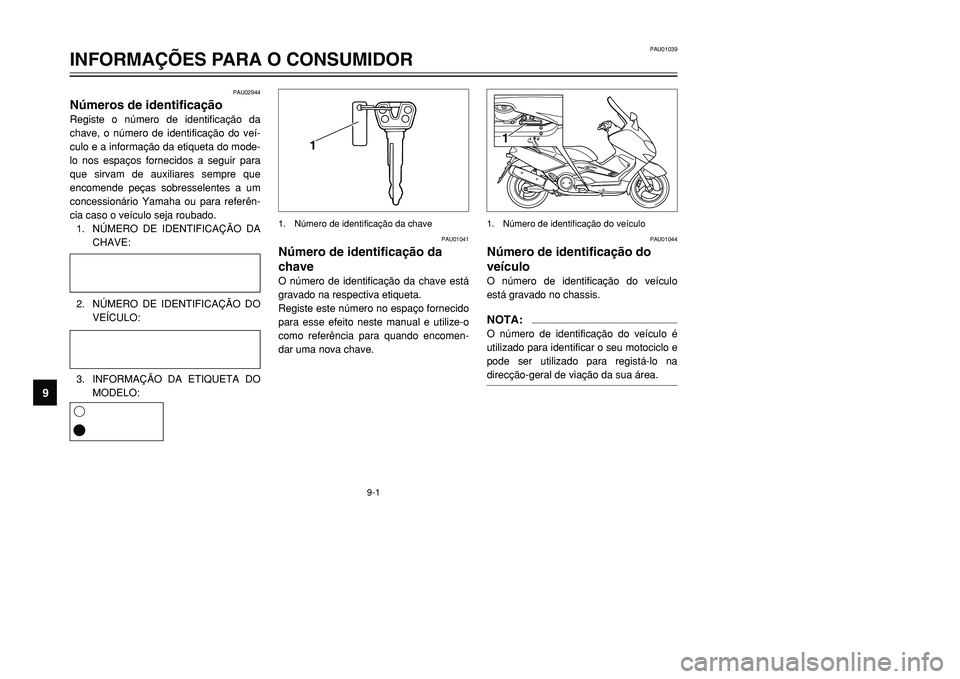 YAMAHA TMAX 2001  Manual de utilização (in Portuguese) 1
1
PAU02944
Números de identificaçãoRegiste o número de identificação da
chave, o número de identificação do veí-
culo e a informação da etiqueta do mode-
lo nos espaços fornecidos a seg