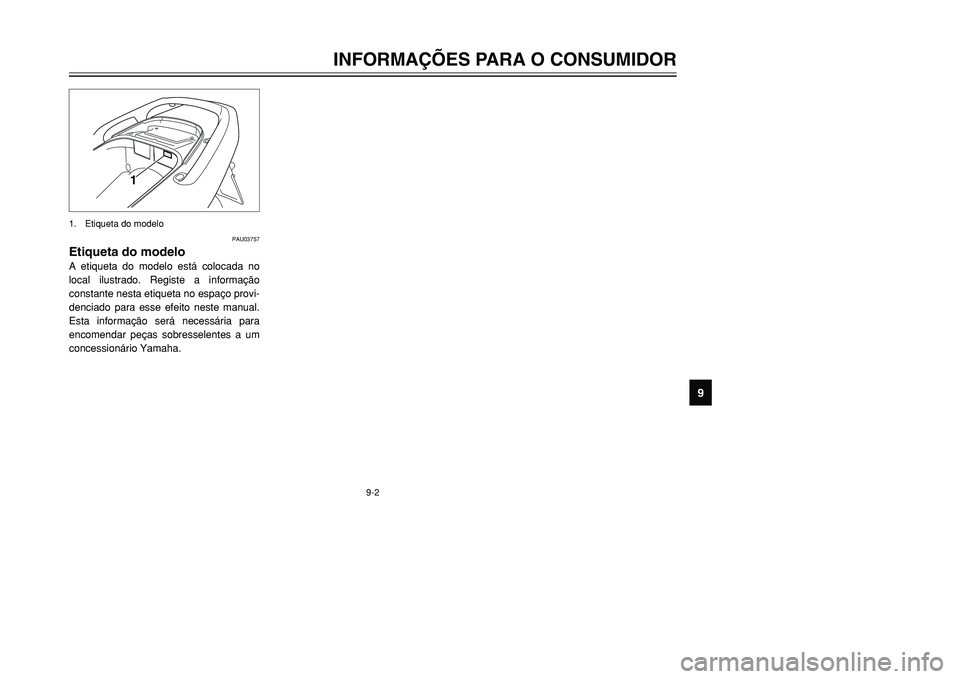 YAMAHA TMAX 2001  Manual de utilização (in Portuguese) 9-2
INFORMAÇÕES PARA O CONSUMIDOR
1
2
4
5
6
7
89
1
PAU03757
Etiqueta do modelo A etiqueta do modelo está colocada no
local ilustrado. Registe a informação
constante nesta etiqueta no espaço prov