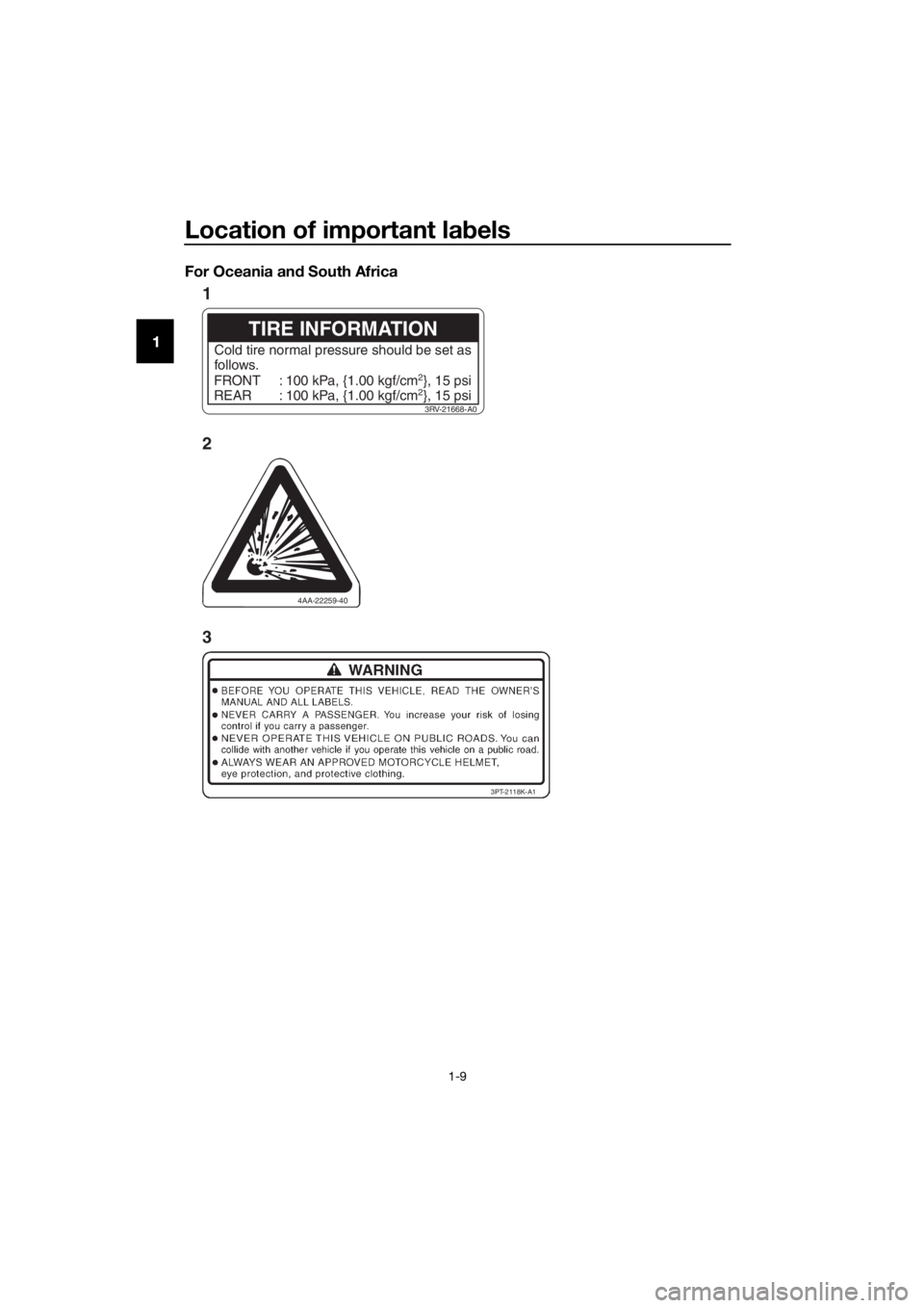 YAMAHA TT-R110E 2019  Owners Manual Location of important labels
1-9
1 For Oceania an
d South Africa
4AA-22259-40
3PT-2118K-A1
3R V-21668-A0
TIRE INFORMATION
Cold tire normal pressure should be set as
follows.
FRONT
REAR 100 kPa, {1.00 