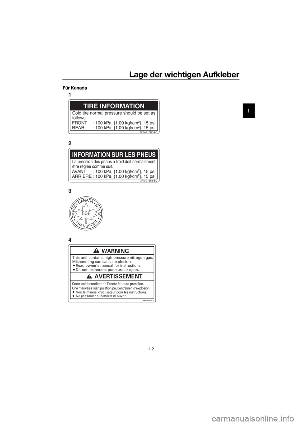 YAMAHA TT-R110E 2016  Betriebsanleitungen (in German) Lage  der wichti gen Aufkle ber
1-2
1
Für Kana da
CMVSSCANADANSVAC
TRANSPORT
506
3RV-21668-A0
TIRE INFORMATION
Cold tire normal pressure should be set as
follows.
FRONT
REAR 100 kPa, {1.00 kgf/cm
2},