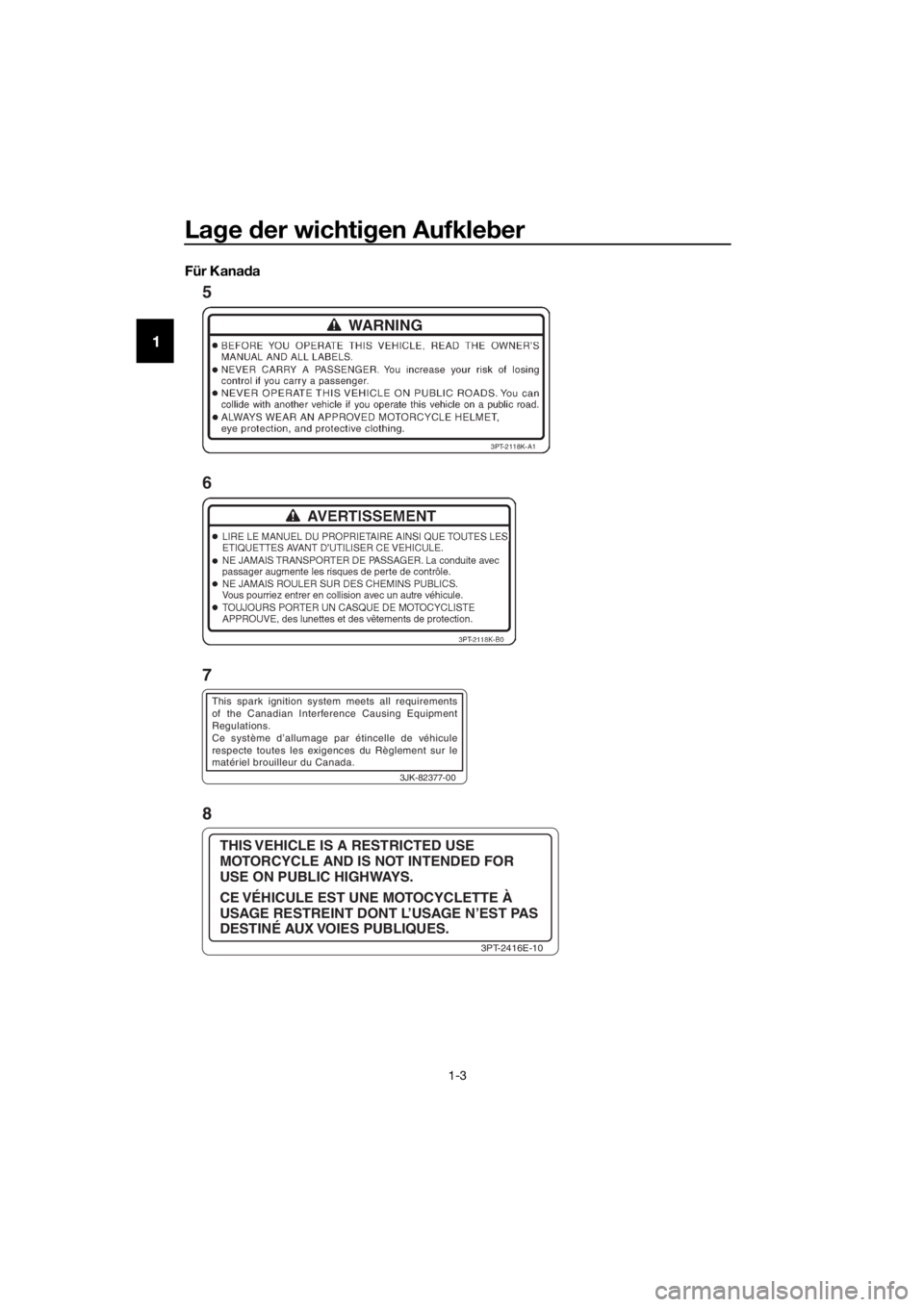 YAMAHA TT-R110E 2016  Betriebsanleitungen (in German) Lage  der wichti gen Aufkle ber
1-3
1
Für Kana da
3JK-82377-00
This spark ignition system meets all requirements 
of the Canadian Interference Causing Equipment 
Regulations.
Ce système d’allumage