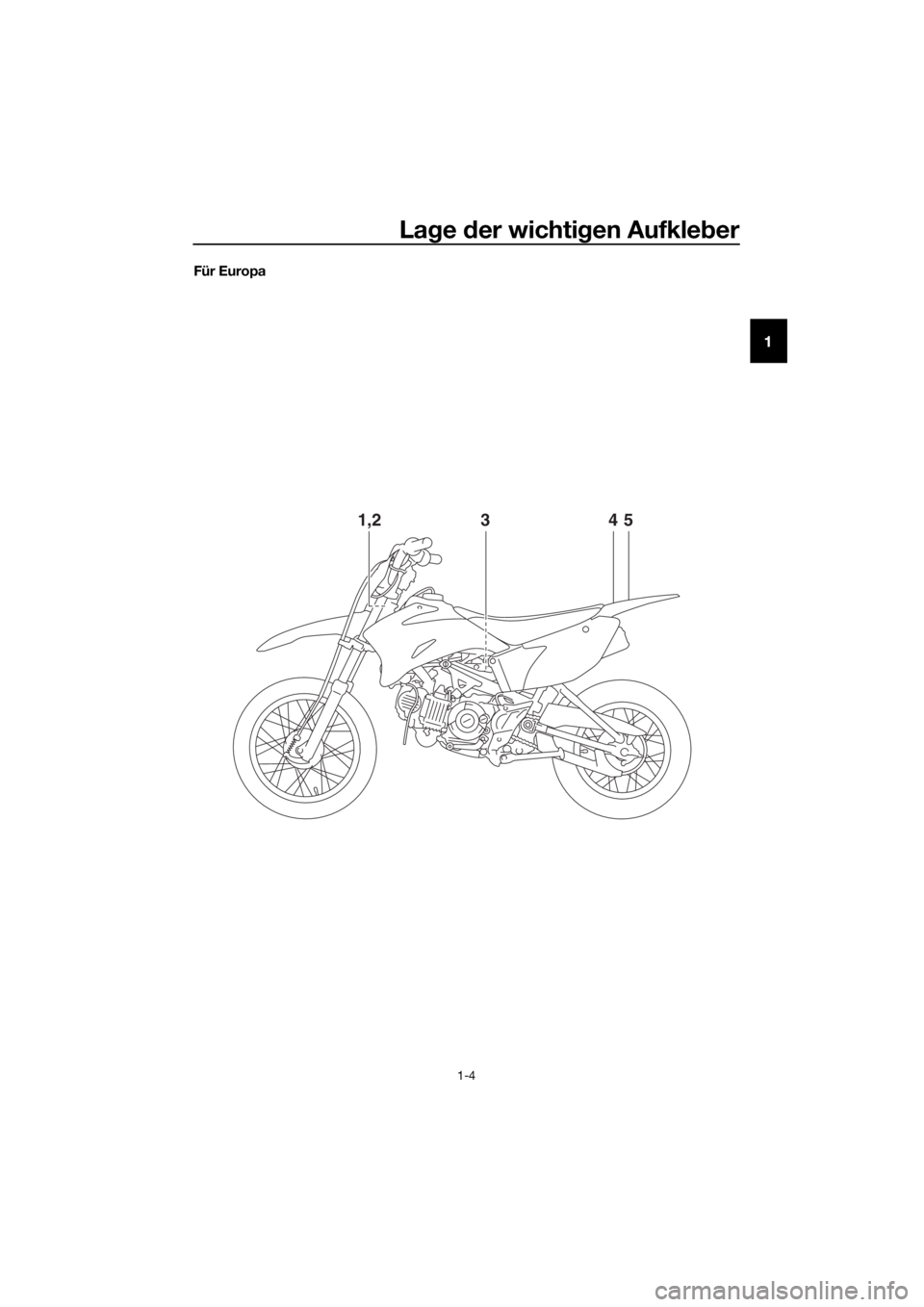 YAMAHA TT-R110E 2016  Betriebsanleitungen (in German) Lage  der wichti gen Aufkle ber
1-4
1
Für Europa
4
1,253
UB5181G0.book  Page 4  Monday, April 6, 2015  9:25 AM 