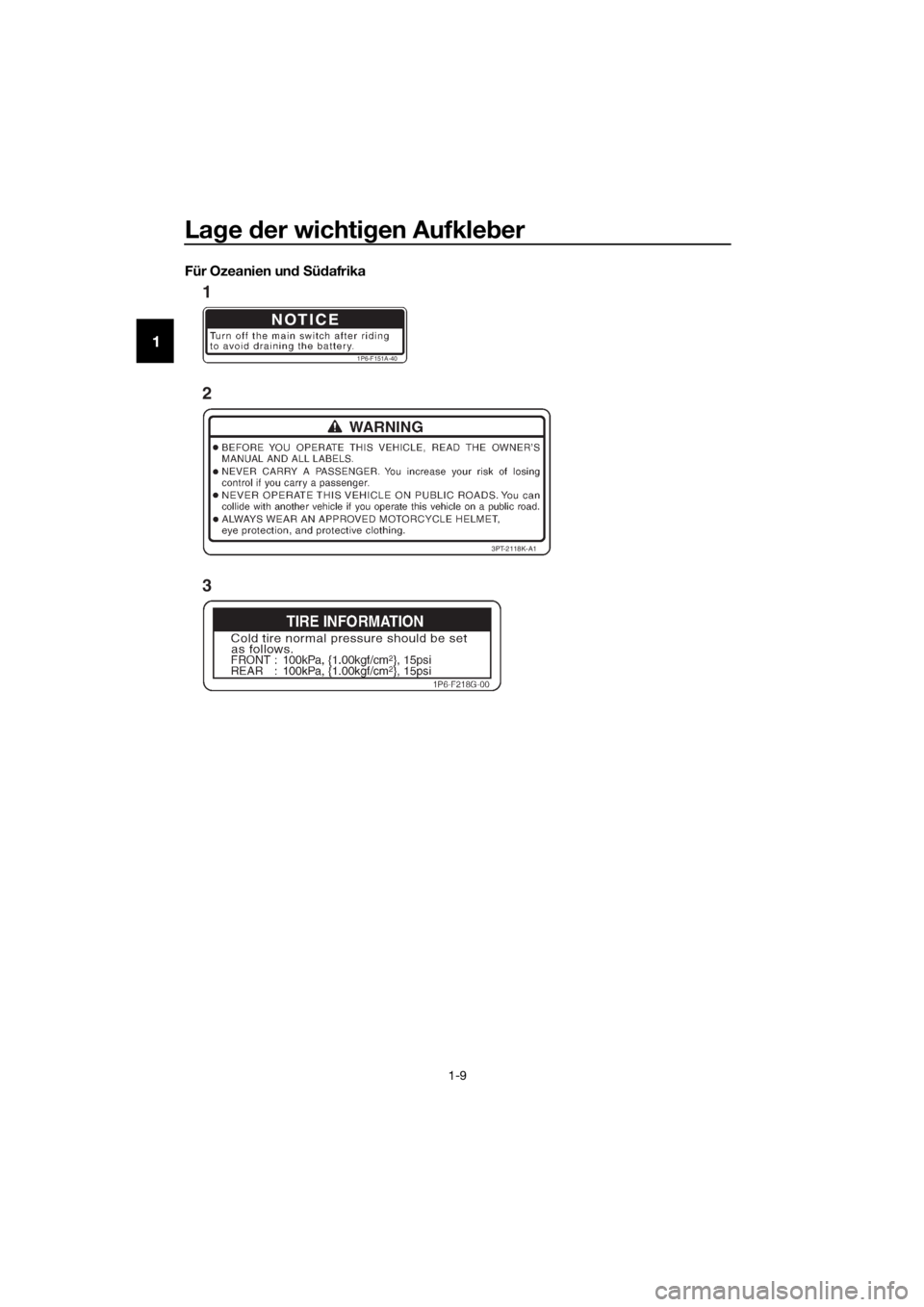 YAMAHA TT-R50E 2021  Betriebsanleitungen (in German) Lage  der wichti gen Aufkle ber
1-9
1
Für Ozeanien un d S üd afrika
NOTICE
1P6-F151A-40
3PT-2118K-A1
1
2
3
UBEG81G0.book  Page 9  Friday, February 28, 2020  11:06 AM 