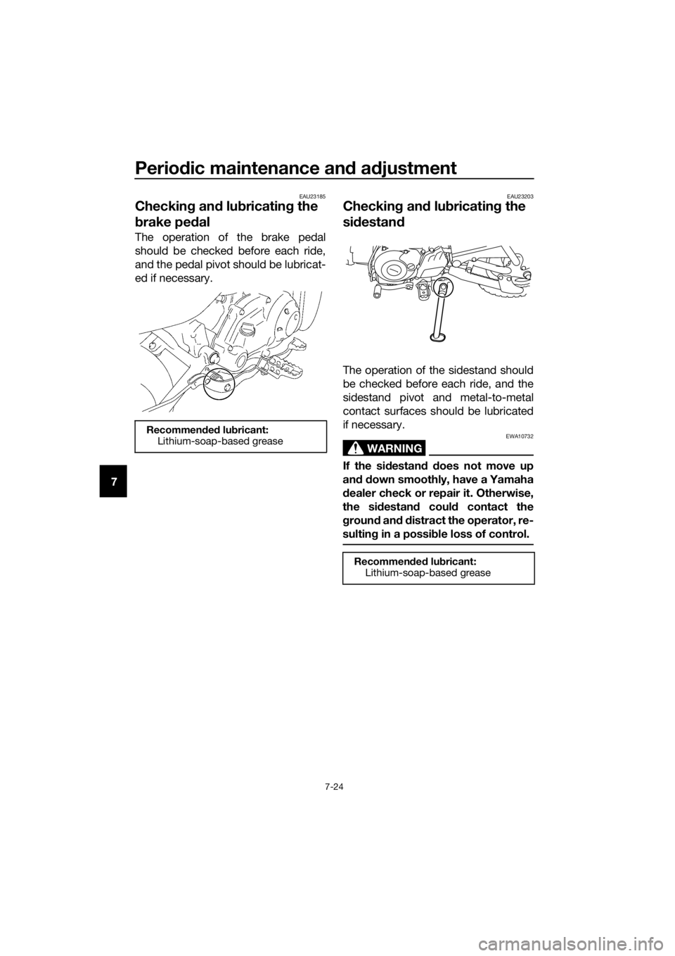 YAMAHA TT-R50E 2020  Owners Manual Periodic maintenance an d a djustment
7-24
7
EAU23185
Checkin g an d lu bricatin g the 
b rake pe dal
The operation of the brake pedal
should be checked before each ride,
and the pedal pivot should be