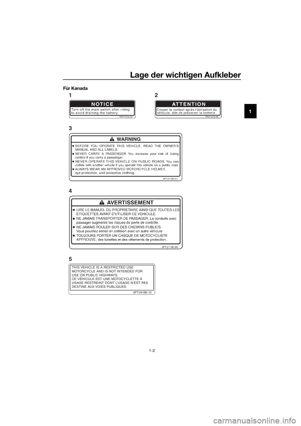 YAMAHA TT-R50E 2019  Betriebsanleitungen (in German) Lage  der wichti gen Aufkle ber
1-2
1
Für Kana da
NOTICE
1P6-F151A-40
ATTENTION
1P6-F151A-50
3PT-2118K-A1
3PT-2416E-10
THIS VEHICLE IS A RESTRICTED USE
MOTORCYCLE AND IS NOT INTENDED FOR
USE ON PUBLI