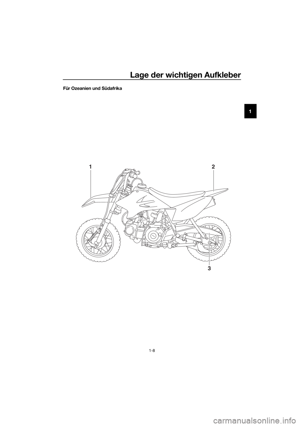YAMAHA TT-R50E 2019  Betriebsanleitungen (in German) Lage  der wichti gen Aufkle ber
1-8
1
Für Ozeanien un d S üd afrika
12
3
U2CJ86G0.book  Page 8  Monday, June 18, 2018  2:37 PM 