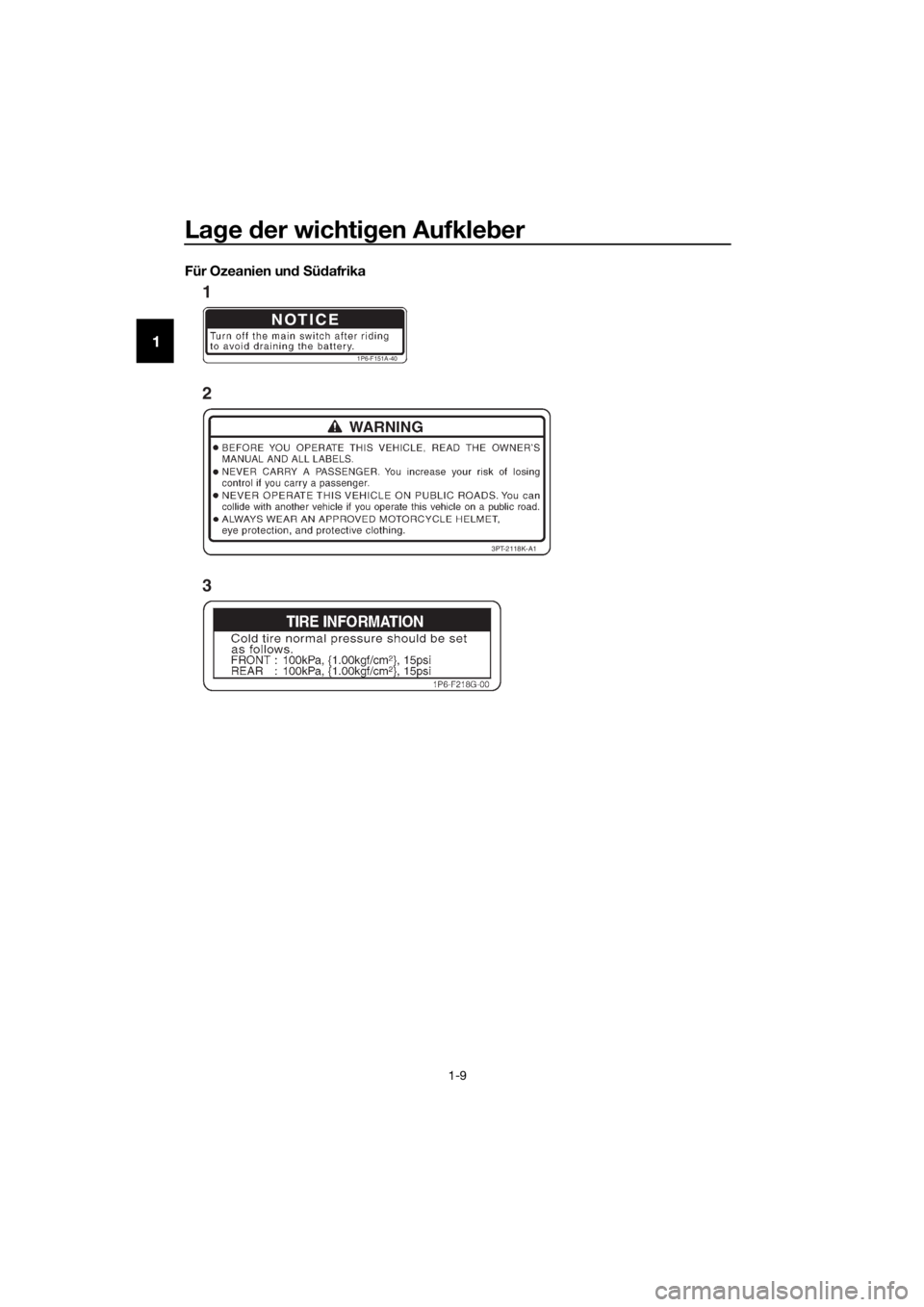 YAMAHA TT-R50E 2019  Betriebsanleitungen (in German) Lage  der wichti gen Aufkle ber
1-9
1
Für Ozeanien un d S üd afrika
NOTICE
1P6-F151A-40
3PT-2118K-A1
1
2
3
U2CJ86G0.book  Page 9  Monday, June 18, 2018  2:37 PM 