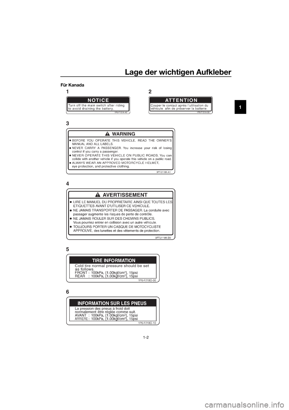 YAMAHA TT-R50E 2016  Betriebsanleitungen (in German) Lage  der wichti gen Aufkle ber
1-2
1
Für Kana da
NOTICE
1P6-F151A-40
ATTENTION
1P6-F151A-50
3PT-2118K-A1
12
3
4
5
6
U2CJ83G0.book  Page 2  Friday, June 26, 2015  10:39 AM 