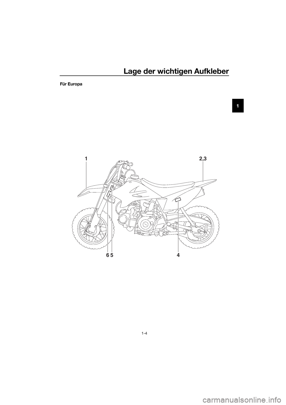 YAMAHA TT-R50E 2016  Betriebsanleitungen (in German) Lage  der wichti gen Aufkle ber
1-4
1
Für Europa
12,3
654
U2CJ83G0.book  Page 4  Friday, June 26, 2015  10:39 AM 