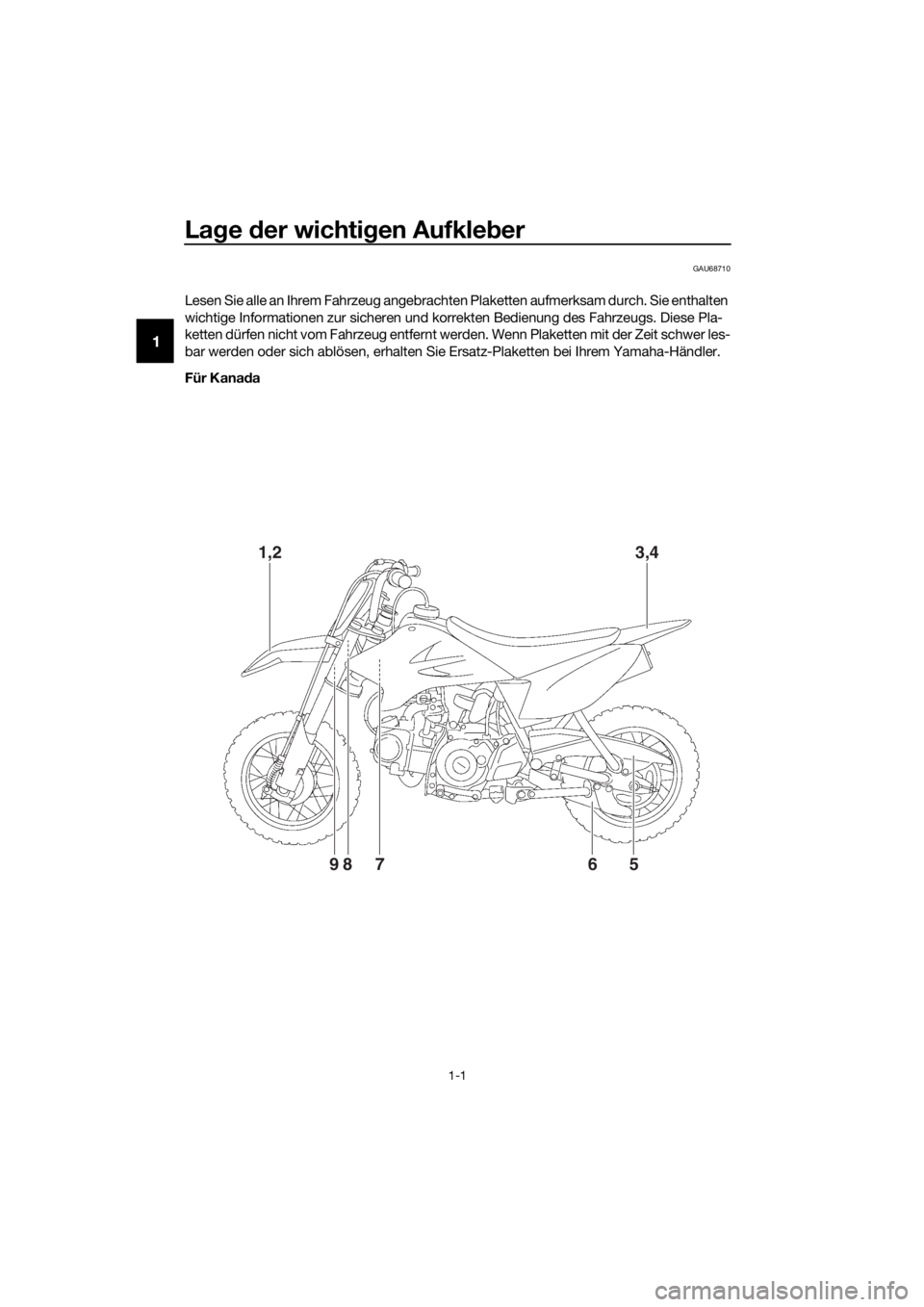 YAMAHA TT-R50E 2016  Betriebsanleitungen (in German) Lage  der wichti gen Aufkle ber
1-1
1
GAU68710
Lesen Sie alle an Ihrem Fahrzeug angebrachten Plaketten aufmerksam durch. Sie enthalten 
wichtige Informationen zur sicheren und korrekten Bedienung des 