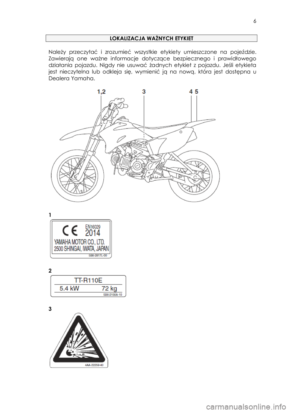 YAMAHA TTR110 2015  Instrukcja obsługi (in Polish)  
   
6 
 
LOKALIZACJA WAŻNYCH ETYKIET 
 
Należy  przeczytać  i  zrozumieć wszystkie  etykiety umieszczone na pojeździe. 
Zawierają  one  ważne  informacje  dotyczące  bezpiecznego  i  prawid