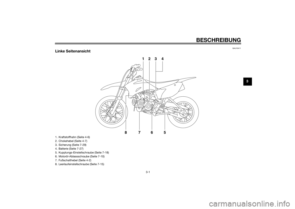 YAMAHA TTR110 2014  Betriebsanleitungen (in German) BESCHREIBUNG
3-1
3
GAU10411
Linke  Seitenansicht
678
123 4
5
1. Kraftstoffhahn (Seite 4-6)
2. Chokehebel (Seite 4-7)
3. Sicherung (Seite 7-29)
4. Batterie (Seite 7-27)
5. Kupplungs-Einstellschraube (S