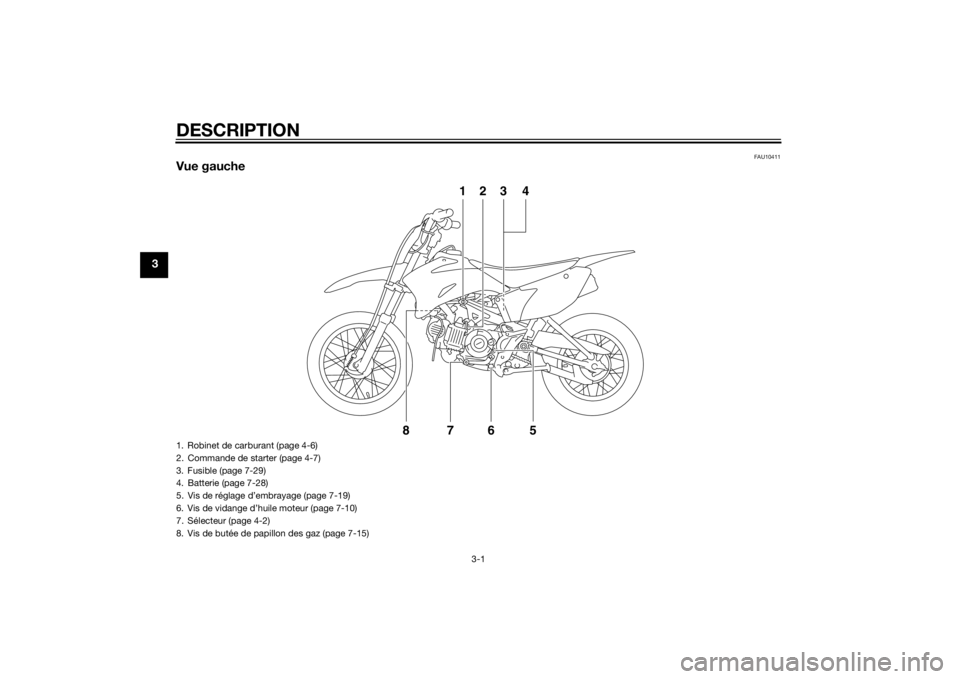 YAMAHA TTR110 2014  Notices Demploi (in French) DESCRIPTION
3-1
3
FAU10411
Vue gauche
678
123 4
5
1. Robinet de carburant (page 4-6)
2. Commande de starter (page 4-7)
3. Fusible (page 7-29)
4. Batterie (page 7-28)
5. Vis de réglage d’embrayage (