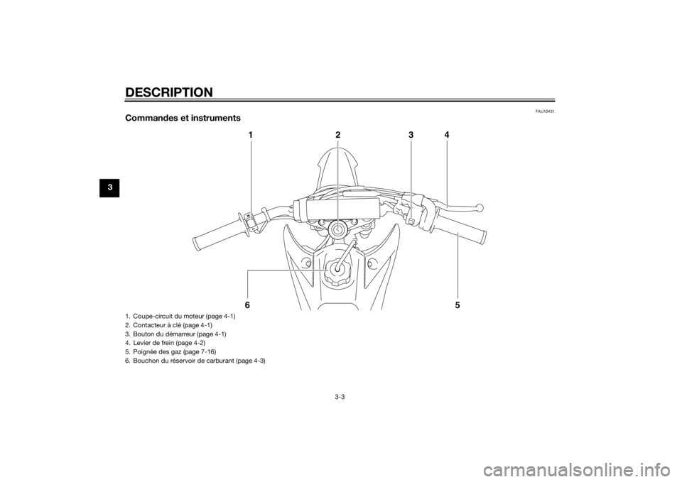 YAMAHA TTR110 2014  Notices Demploi (in French) DESCRIPTION
3-3
3
FAU10431
Commandes et instruments
123 4
5
6
1. Coupe-circuit du moteur (page 4-1)
2. Contacteur à clé (page 4-1)
3. Bouton du démarreur (page 4-1)
4. Levier de frein (page 4-2)
5.